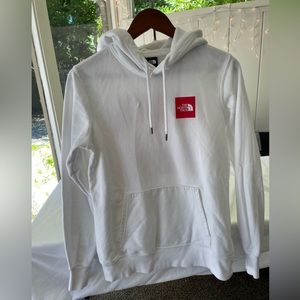 Women’s North Face Hoodie White Red Block Logo Pullover Sweatshirt Size Small